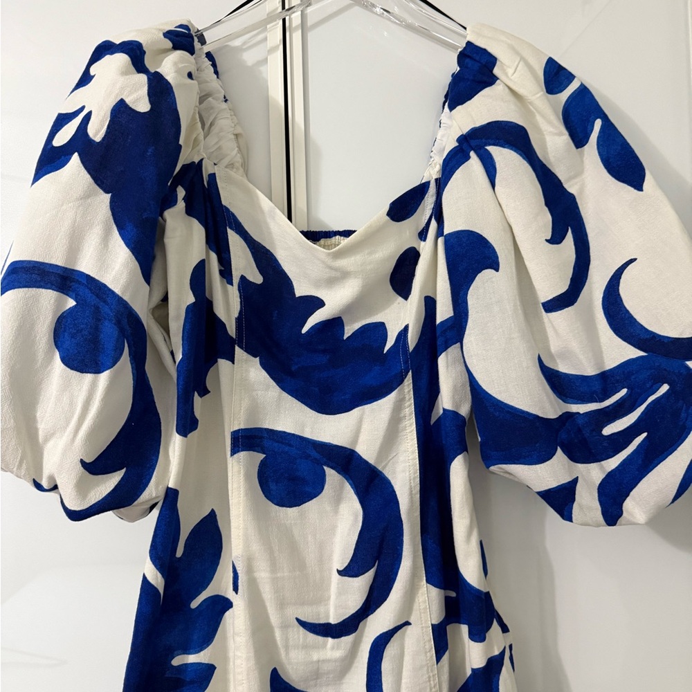 H&M Elegant Blue and White Floral Dress Puffy Balloon Sleeve - Picture 6 of 8